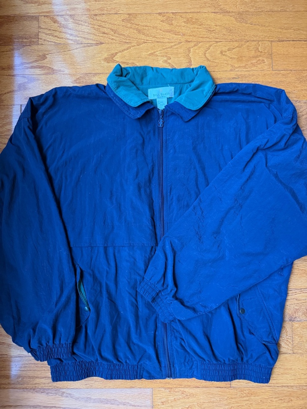 Vintage Bill Blass Navy Blue Windbreaker with Hunter Green Collar, XL